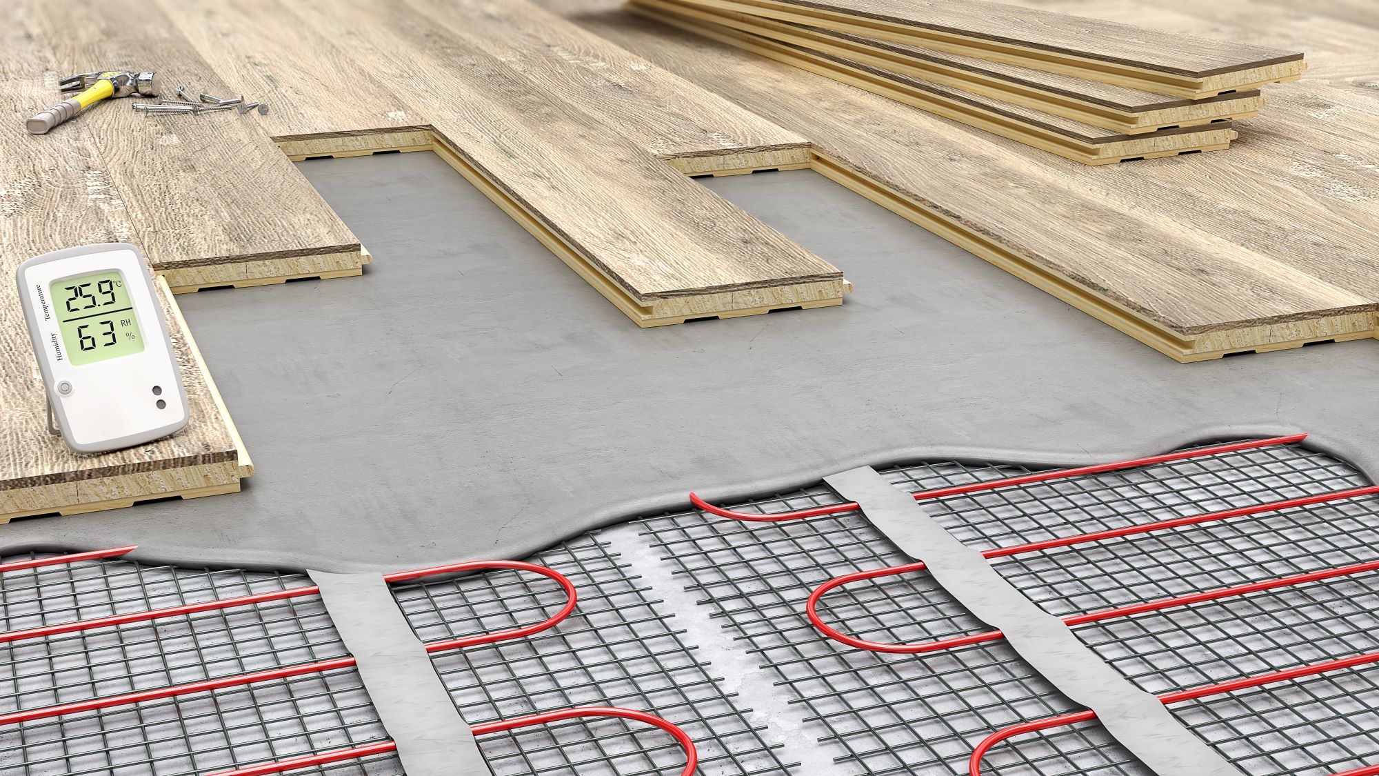 Electric underfloor heating installer London preparing floor, insulation boards and thermostat position